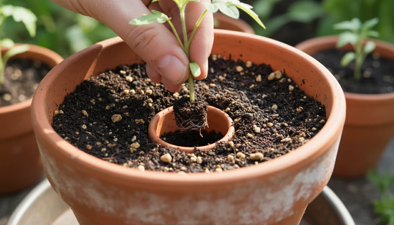 Close-up of a gardener's fingers holding a micro-tomato seedling with removed lower leaves, poised over a deep planting hole in a terracotta pot.