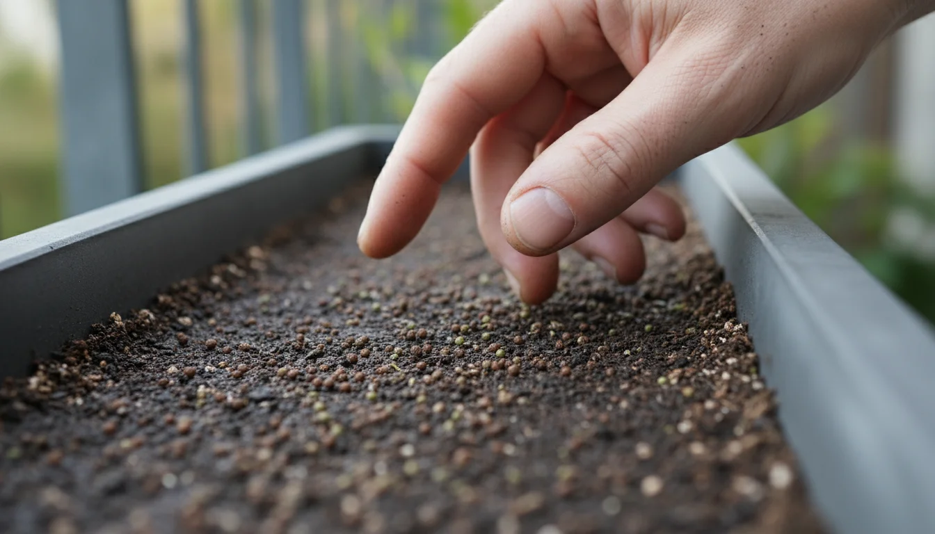 Close-up of gardener's fingers hovering over tiny cover crop seeds in a dark grey planter, preparing to gently press them into the soil.