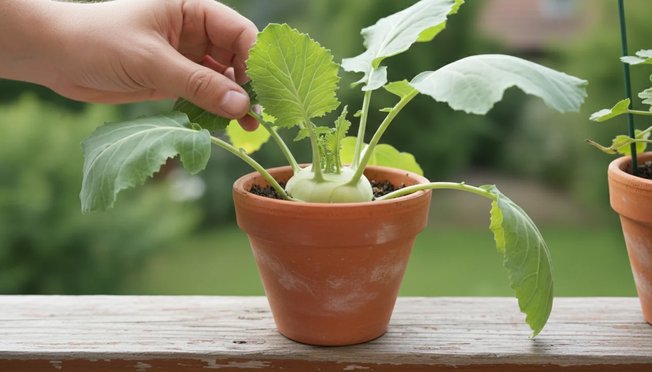 Gardener's fingers gently lift a kohlrabi leaf to check for pests on a balcony railing, showing the developing bulb.