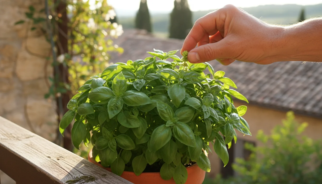 A gardener's fingers poised above a tiny flower bud on a potted basil plant on a balcony railing, illustrating how to prevent bolting.