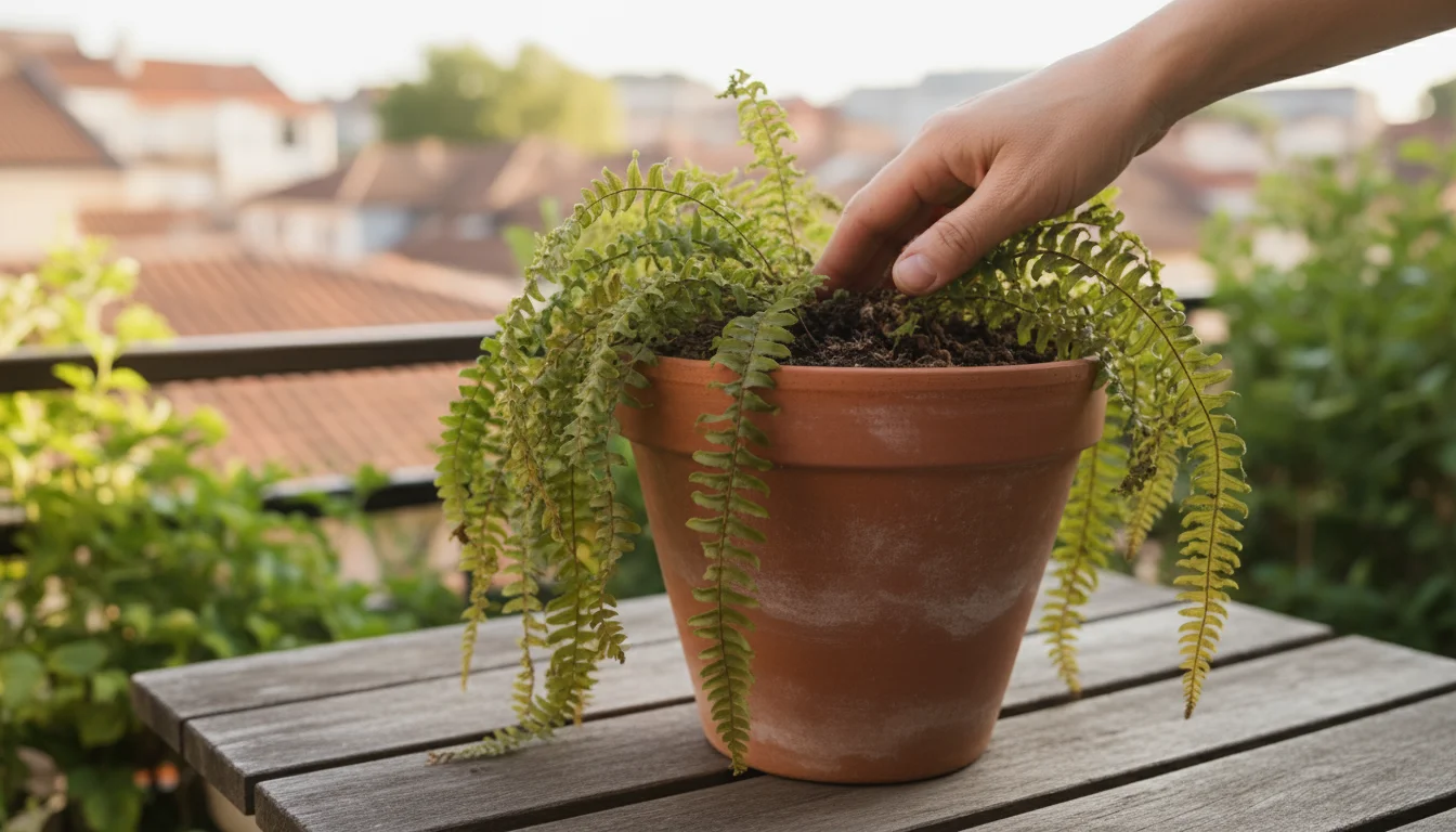 A gardener's fingers gently touch the dry soil around the base of a small, drooping Boston fern in a terracotta pot on a wooden surface.