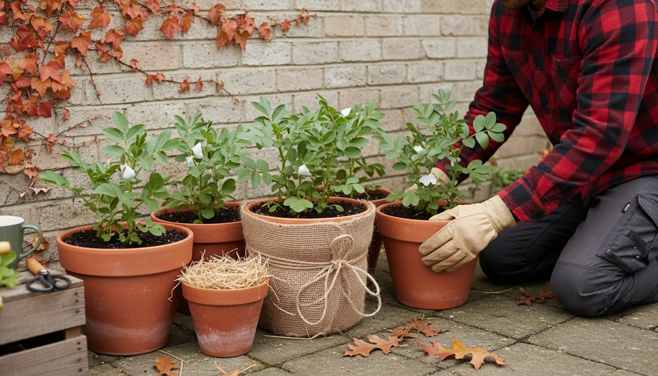 A gardener in a flannel shirt slides a potted fava bean plant towards a wall on a patio, beside other insulated pots.