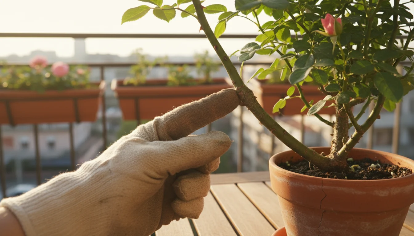Gardener's gloved finger gently traces the branch collar on a container rose bush stem, highlighting the swollen joint before pruning.