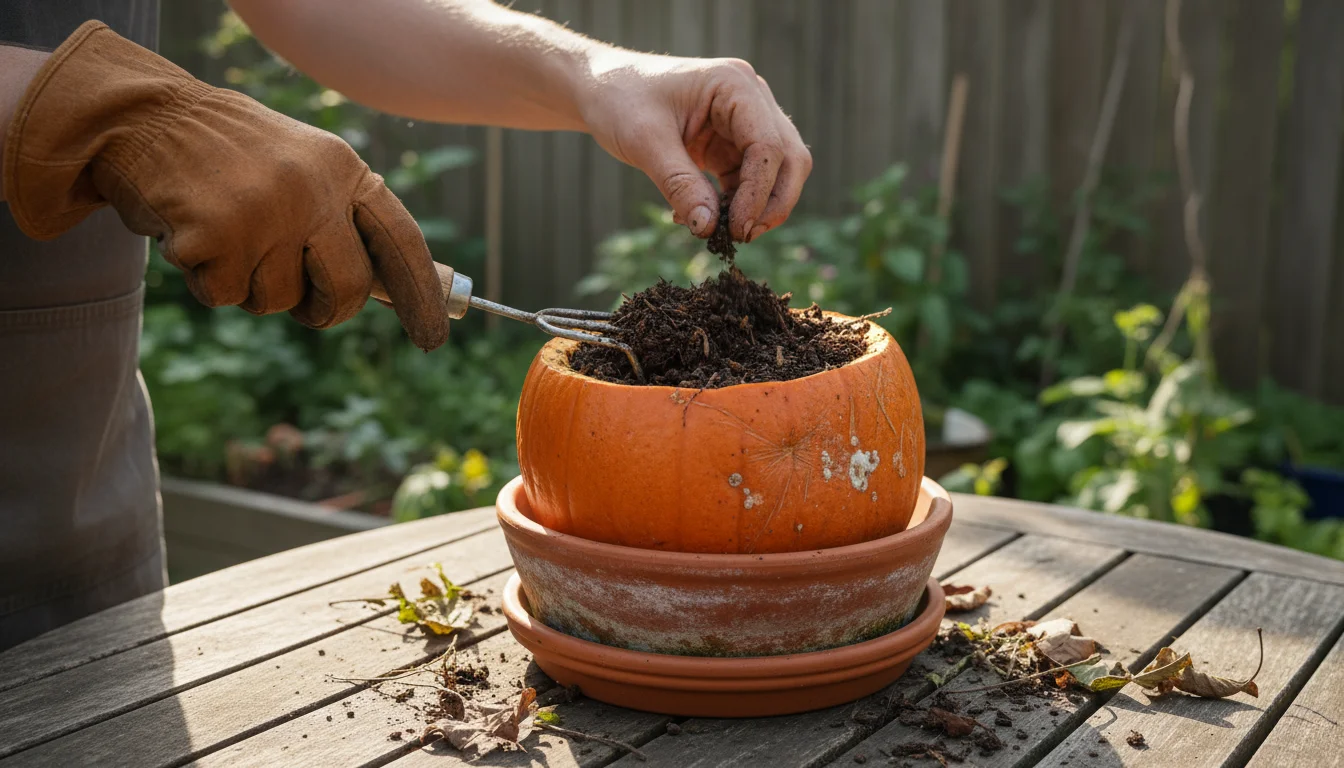 Gardener's gloved hand aerating a decomposing pumpkin mini-compost with a small tool in a terracotta pot on a balcony.