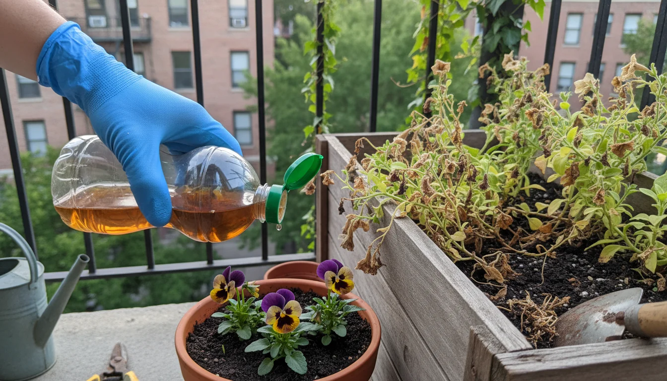 A gardener's gloved hand applying liquid fertilizer to new pansies next to a container of fading summer petunias on a balcony railing, showing fall tr