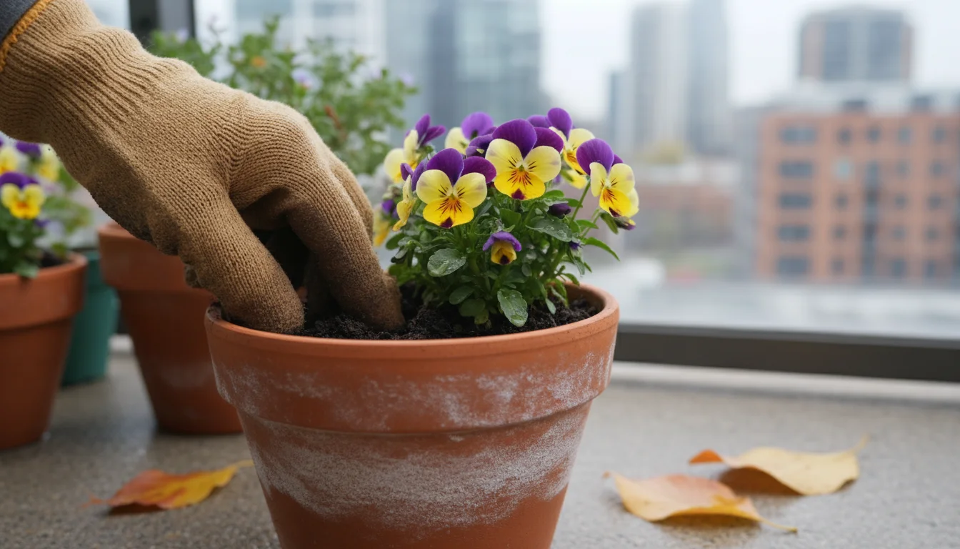 A gardener's gloved hand checks the damp soil in a terracotta pot filled with purple and yellow pansies on an urban balcony.