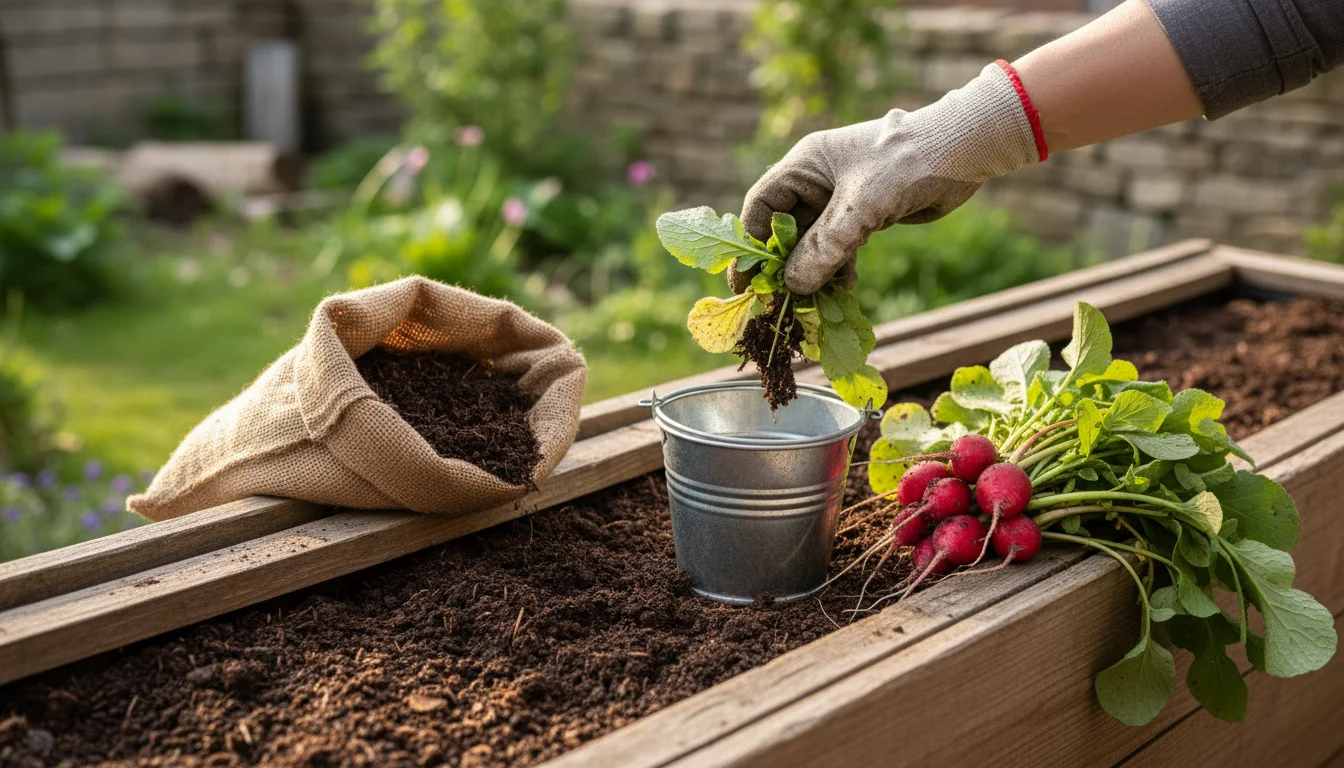 A gardener's gloved hand clearing old radish leaves from a window box. Freshly harvested radishes sit nearby with a bag of compost.