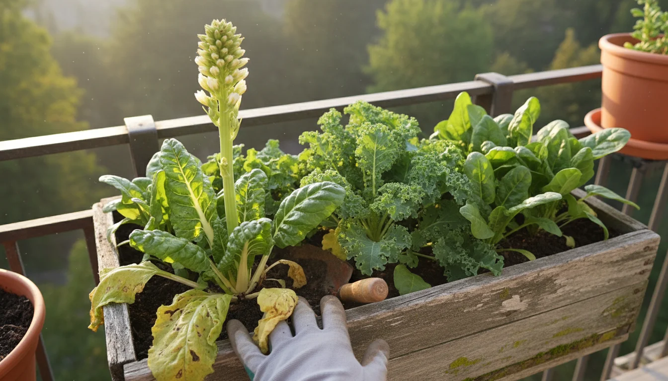 Overhead shot of a gardener's gloved hand harvesting a bolted Swiss chard plant in a wooden balcony planter box, surrounded by healthy greens.