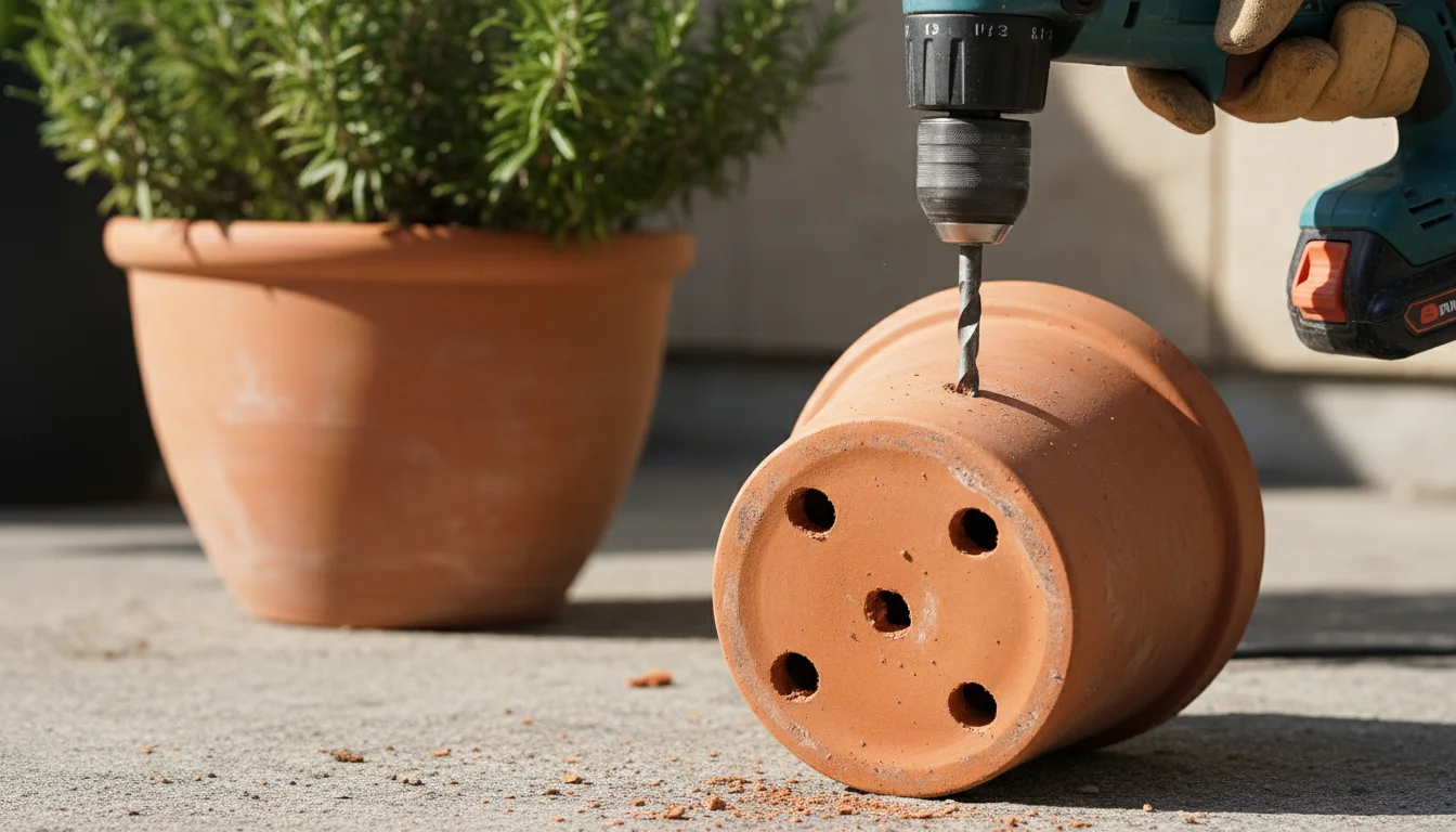 A gardener's gloved hand holds a drill near the drainage holes of a large terracotta pot on a sunny patio, preparing it for rosemary.