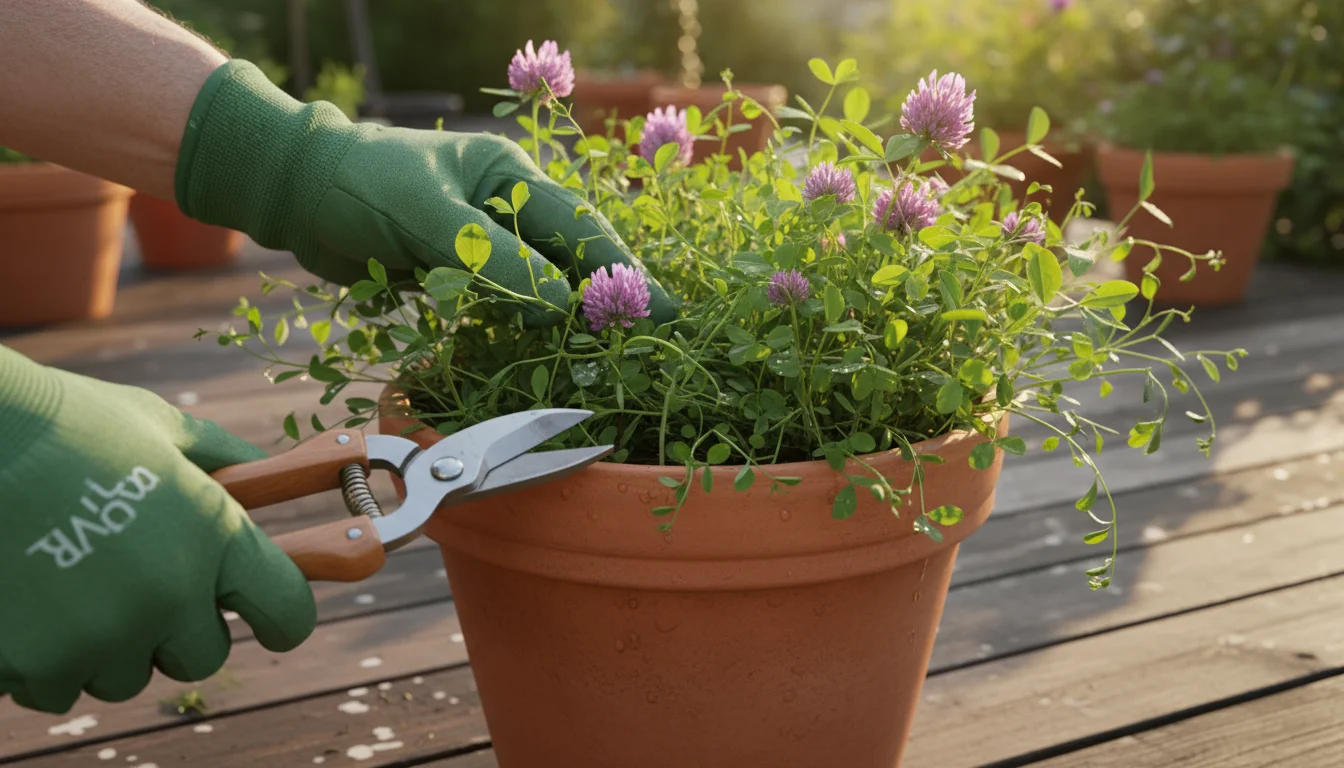 A gardener's gloved hand holds lush green cover crops in a terracotta pot, with hand shears poised to cut. A few small flowers are visible, but no see