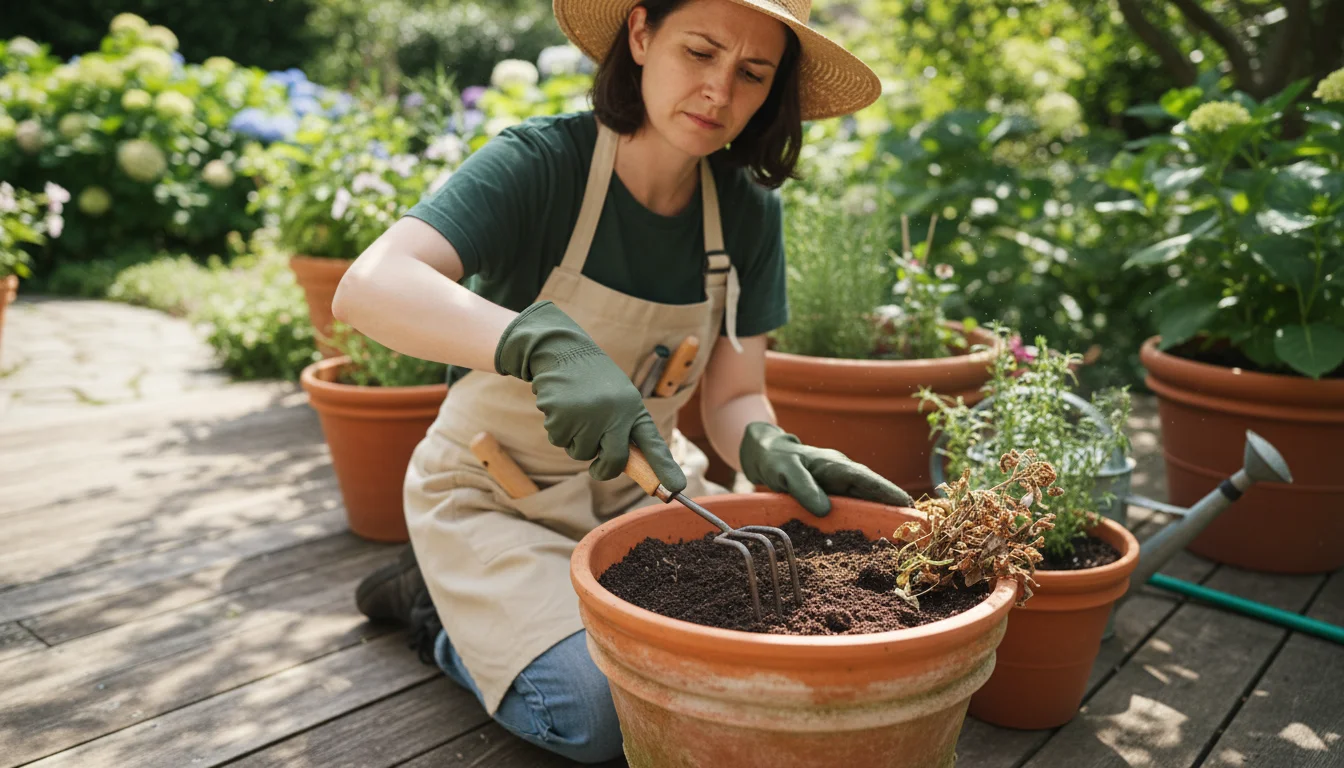 Gardener's gloved hand gently loosens topsoil in a terracotta pot with a small cultivator, spent plant debris on rim, on a wooden patio.