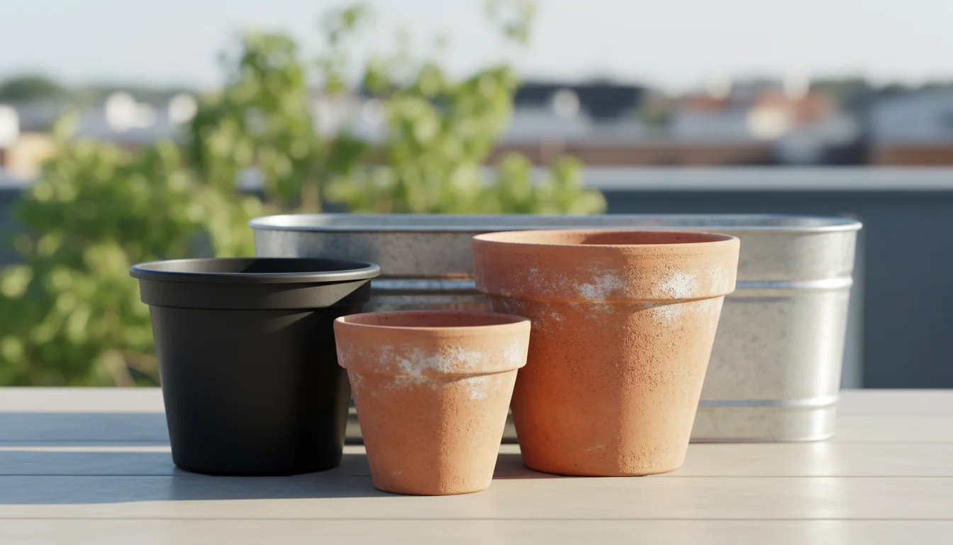 Close-up of a gardener's gloved hand pointing to drainage holes in a dark plastic pot, flanked by a terracotta pot and fabric grow bag.