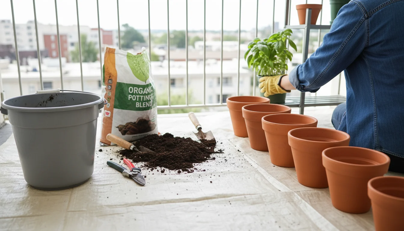 Gardener's gloved hand carefully removes a spent annual plant from a container pot on a wide, light-colored tarp covering a tidy balcony workspace.