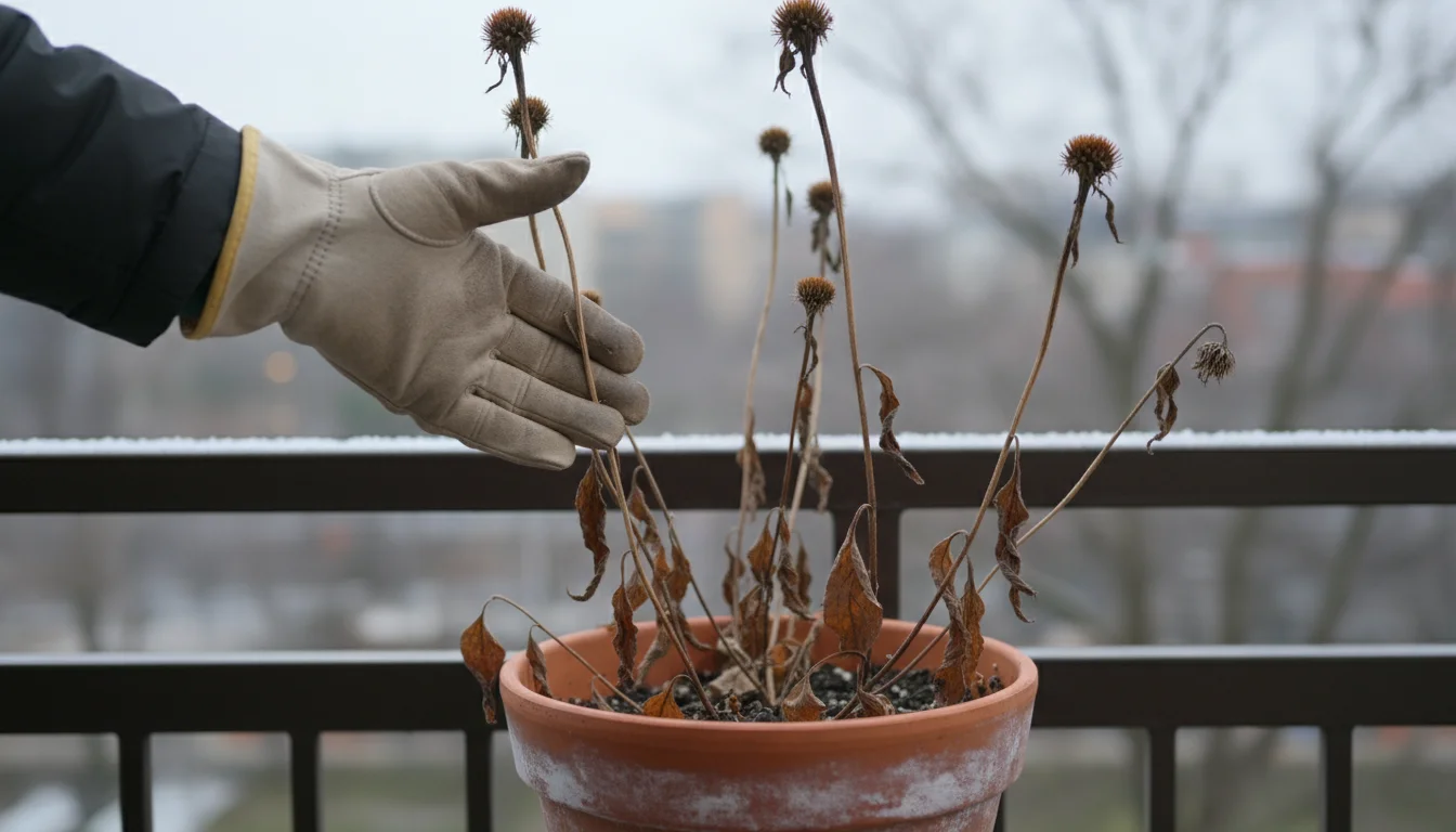 Gardener's gloved hand gently touches dried coneflower seed heads in a pot on a balcony, intentionally left for winter birds.