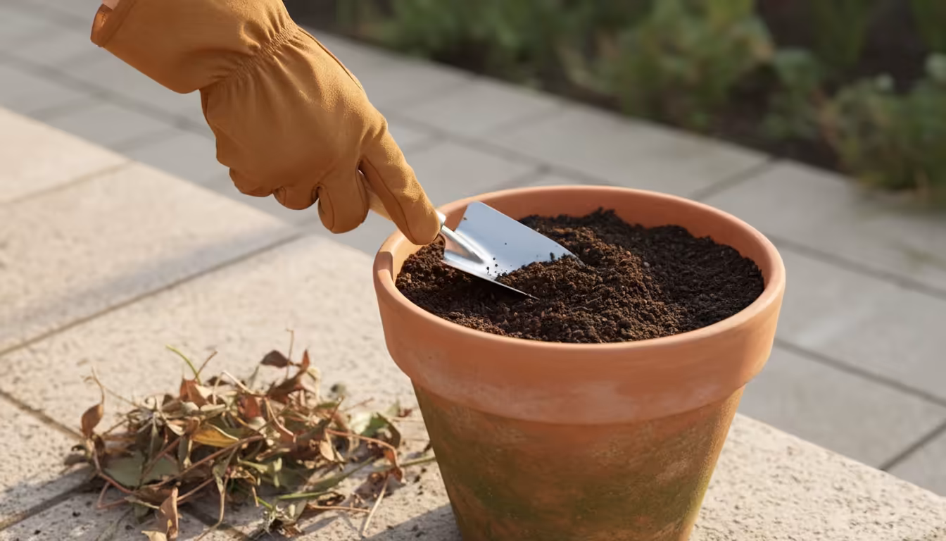 Gardener's gloved hand uses a small trowel to lightly loosen dark, existing soil in a weathered terracotta pot on a patio. Removed plant debris is nea
