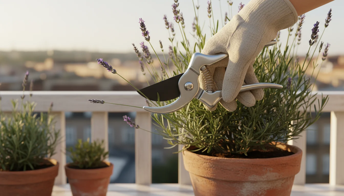 Gardener's gloved hand using bypass pruners to cut a lavender stem in a terracotta pot on a sunny balcony, showing correct blade placement.