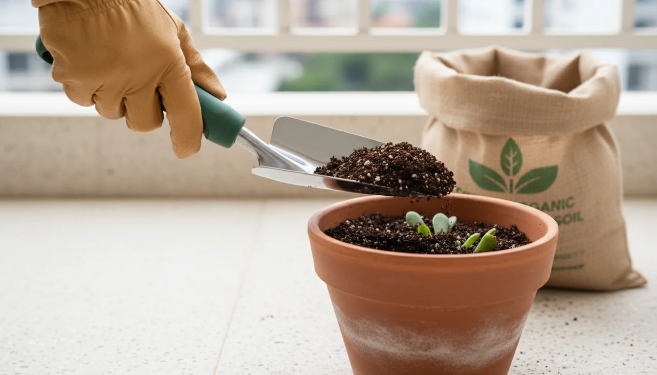 Gardener's gloved hand using a small ergonomic trowel to scoop dark potting mix into a terracotta pot on a clean balcony floor.