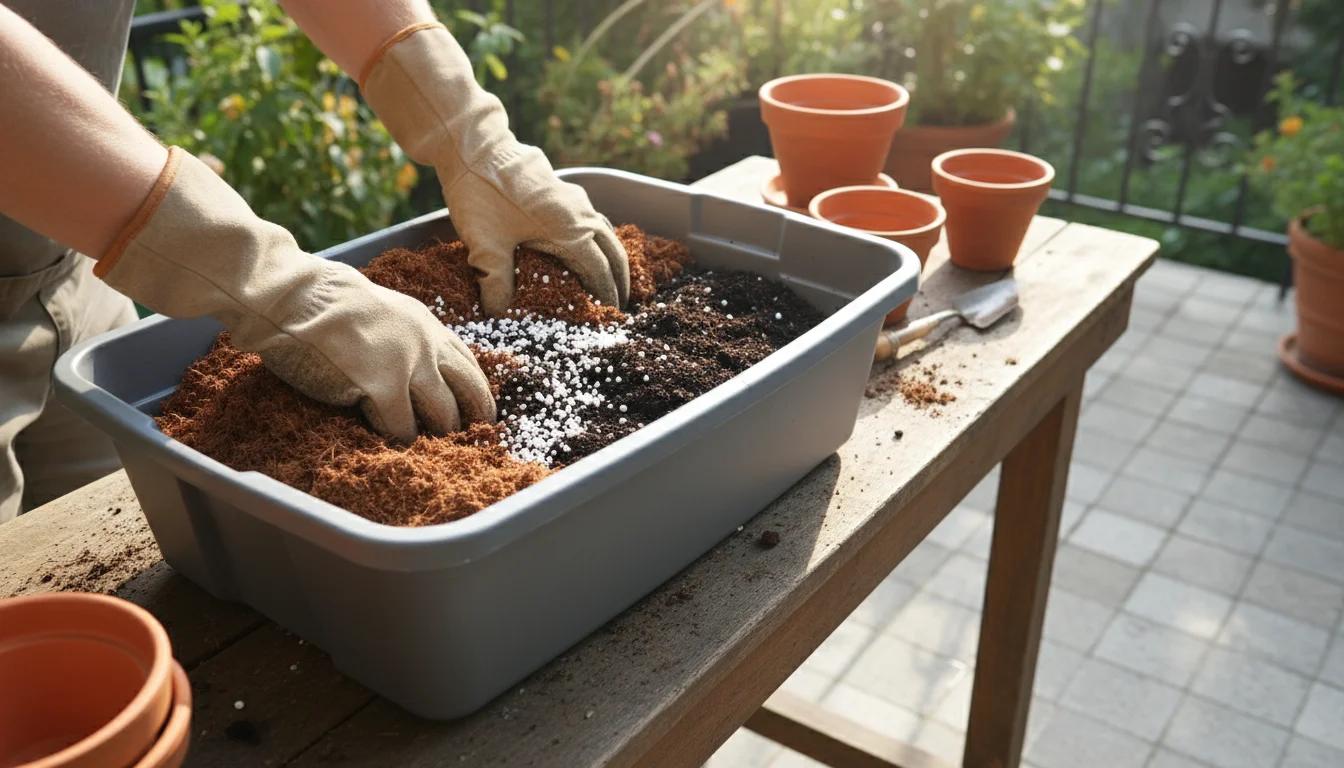 Gardener's gloved hands actively mixing coco coir, dark compost, and white perlite in a grey plastic tub on a rustic wooden table, empty pots nearby.