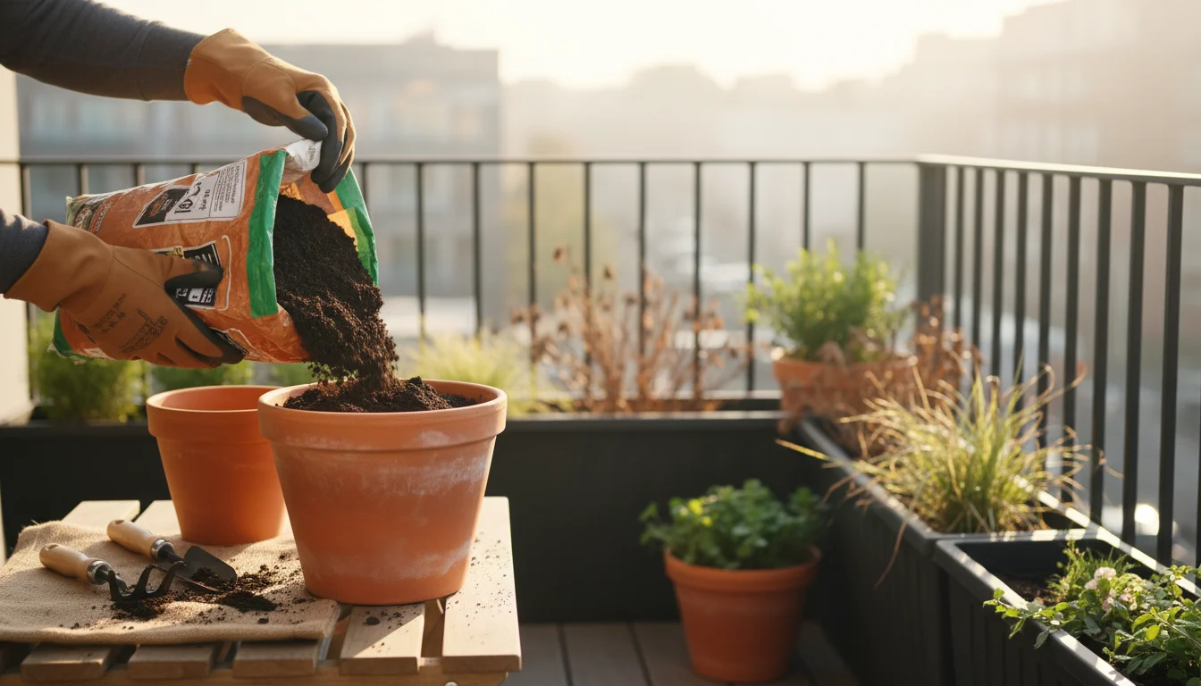 Gardener's gloved hands add fresh, dark soil to a cleaned terracotta pot on a tidy urban balcony, surrounded by other container gardens.
