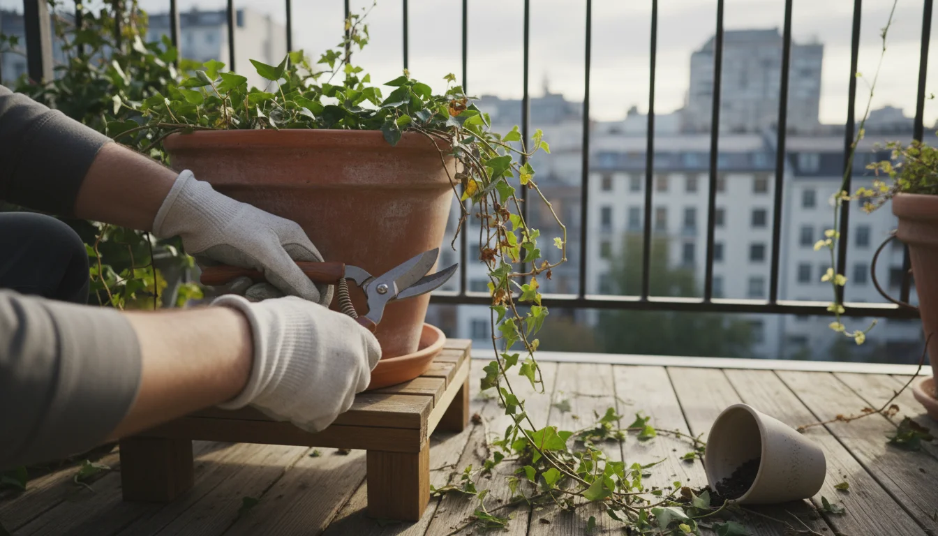 Gardener's gloved hands on a balcony, carefully pruning a damaged plant in a terracotta pot after a windstorm. Shears and scattered leaves are visible