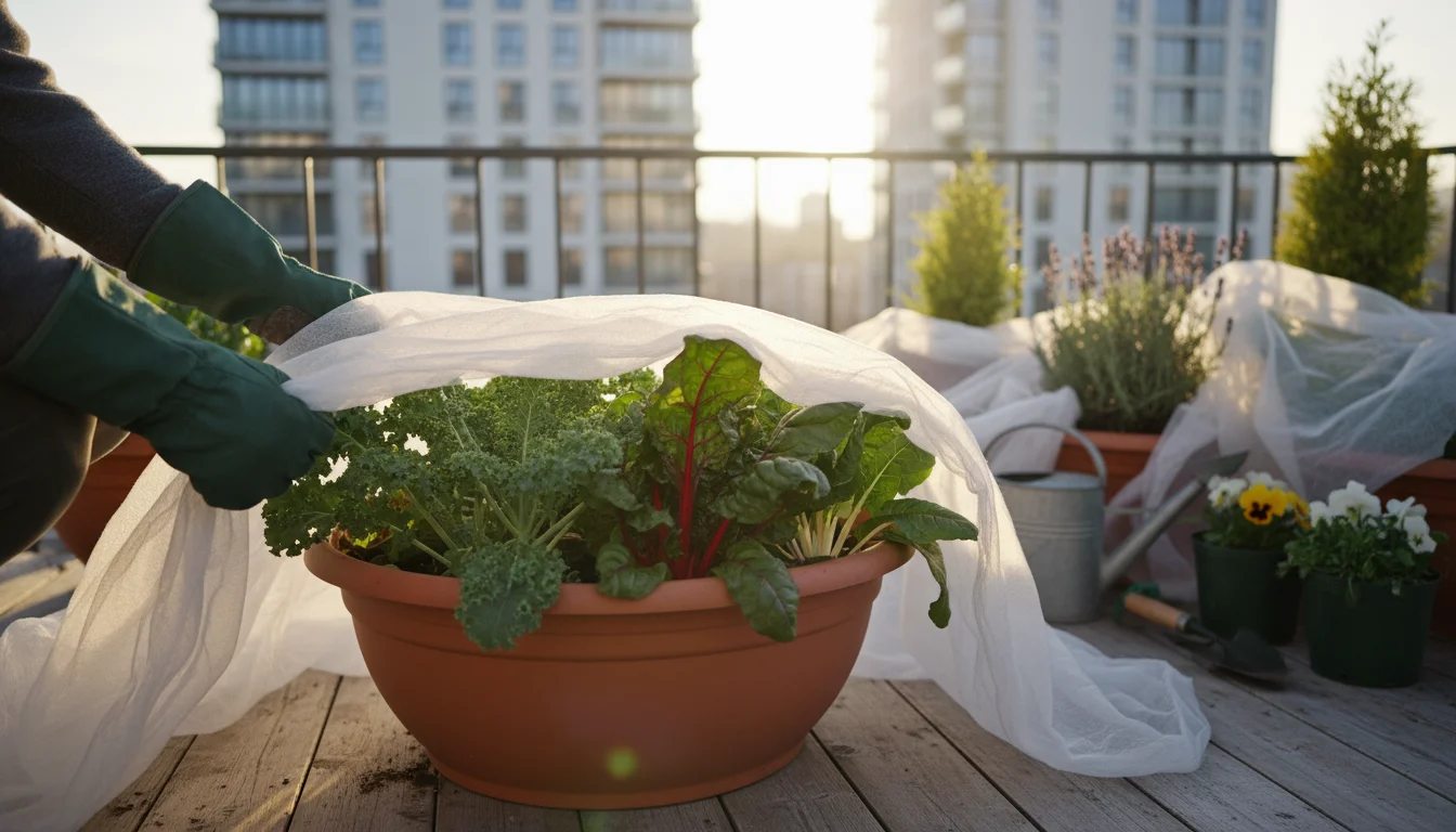 A gardener's gloved hands carefully cover a container of vibrant kale and chard with white horticultural fleece on a small urban balcony.