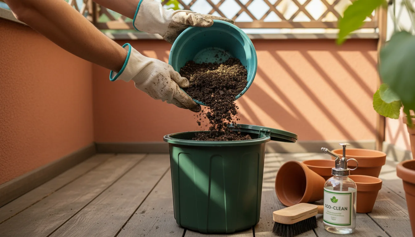 Gardener's gloved hands emptying old potting soil from a glazed pot into a compost bin on an urban balcony. Cleaning tools visible.