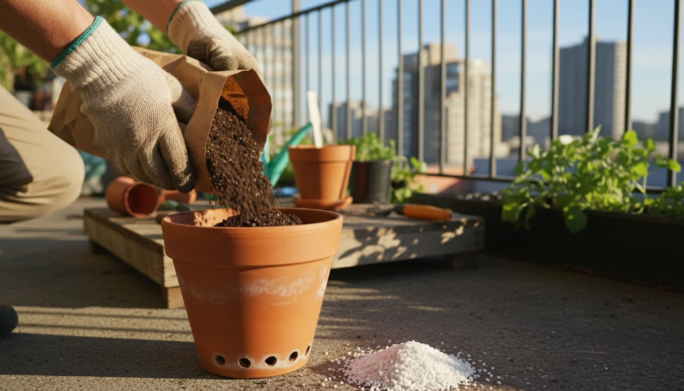 Gardener's gloved hands filling a terracotta pot with potting mix, clearly showing drainage holes in warm afternoon sunlight.