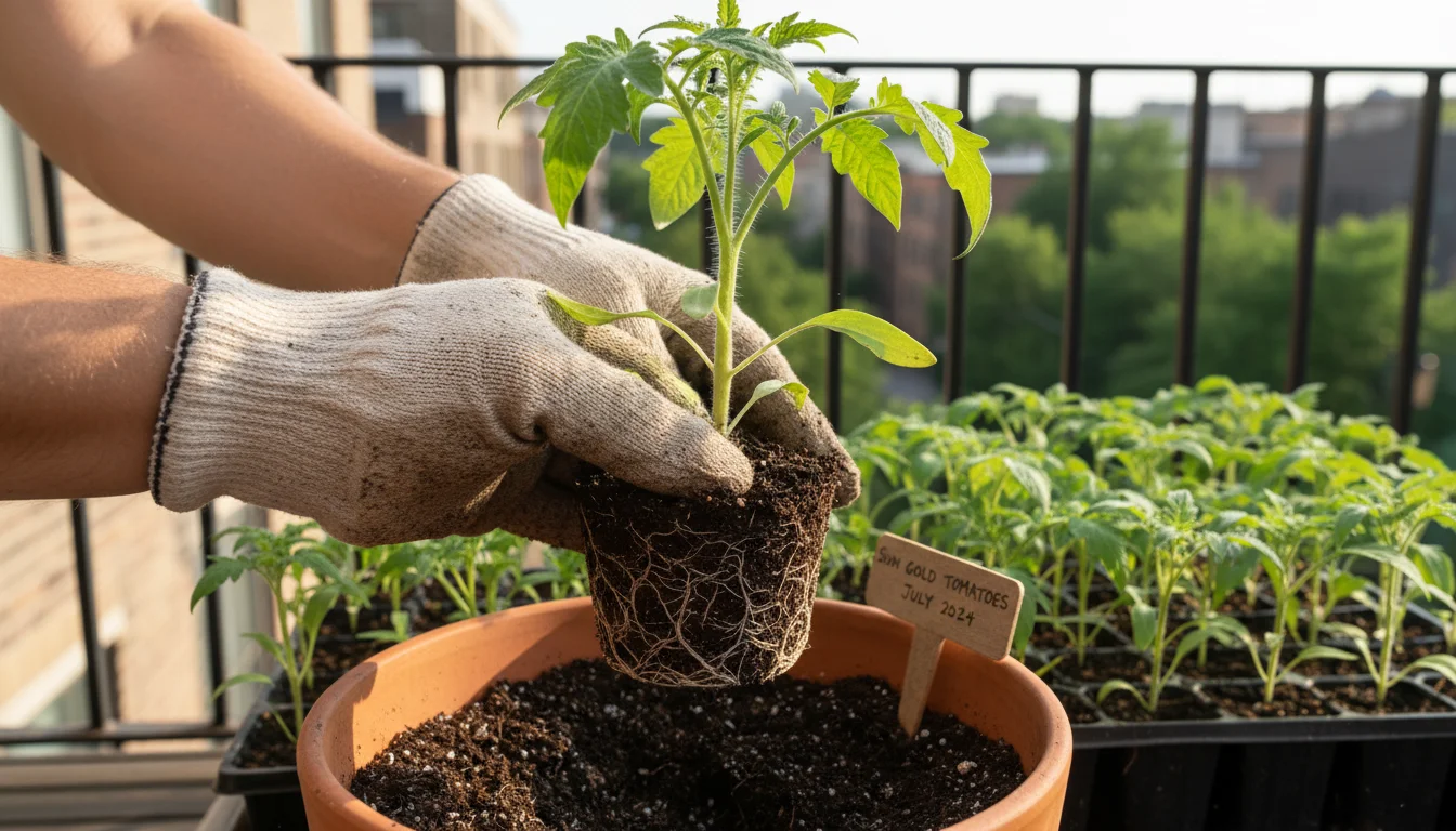 A gardener's gloved hands hold a healthy 7-inch tomato seedling with visible roots, ready for transplanting into a terracotta pot on a sunny balcony.