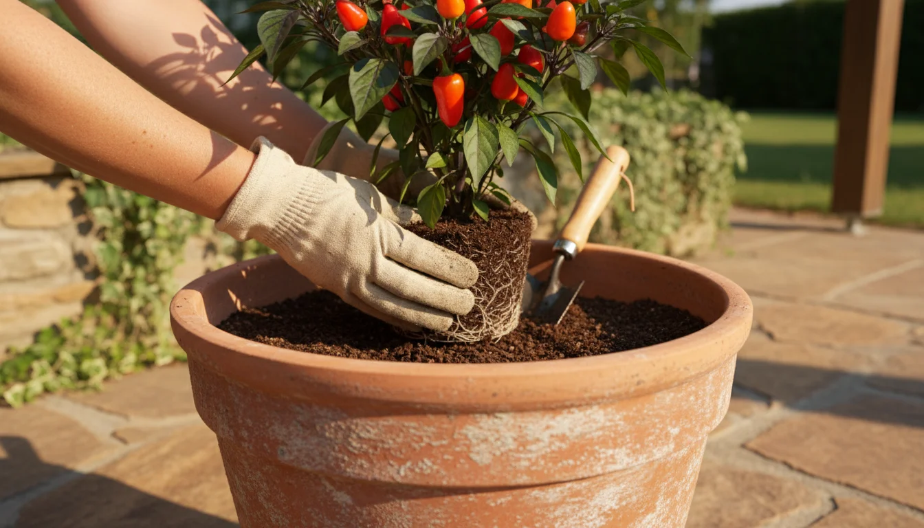 A gardener's gloved hands hold an ornamental pepper plant above potting mix in a terracotta pot, adjusting its height.