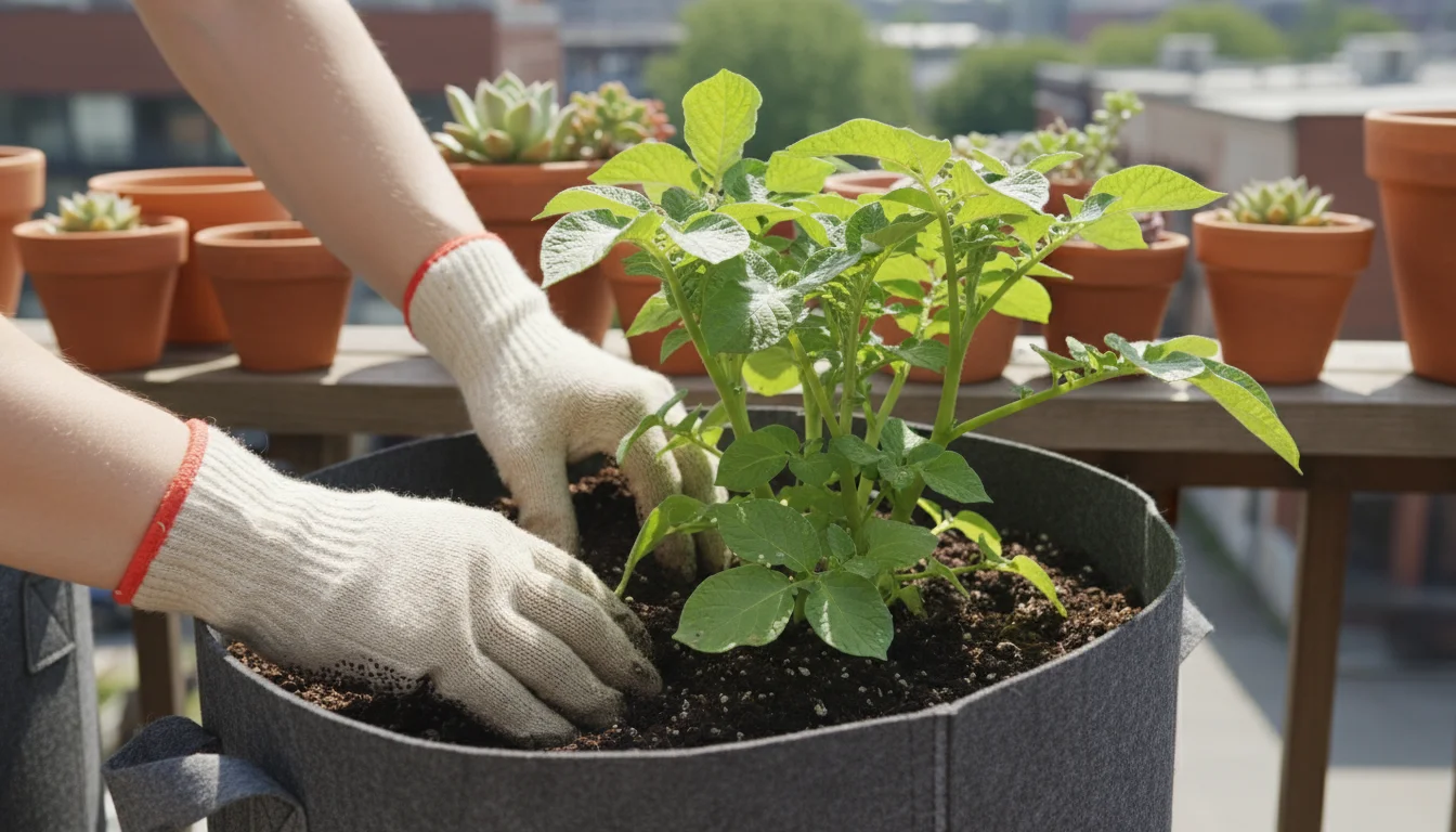 Gardener's gloved hands inspect a healthy potato plant emerging from fresh soil in a fabric grow bag on a sunlit balcony, emphasizing pest control.