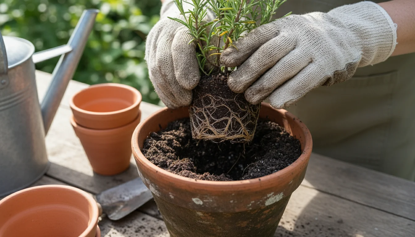 Gardener's gloved hands carefully lift a slightly drooping container plant, revealing matted roots. Fresh potting mix and a trowel sit nearby.