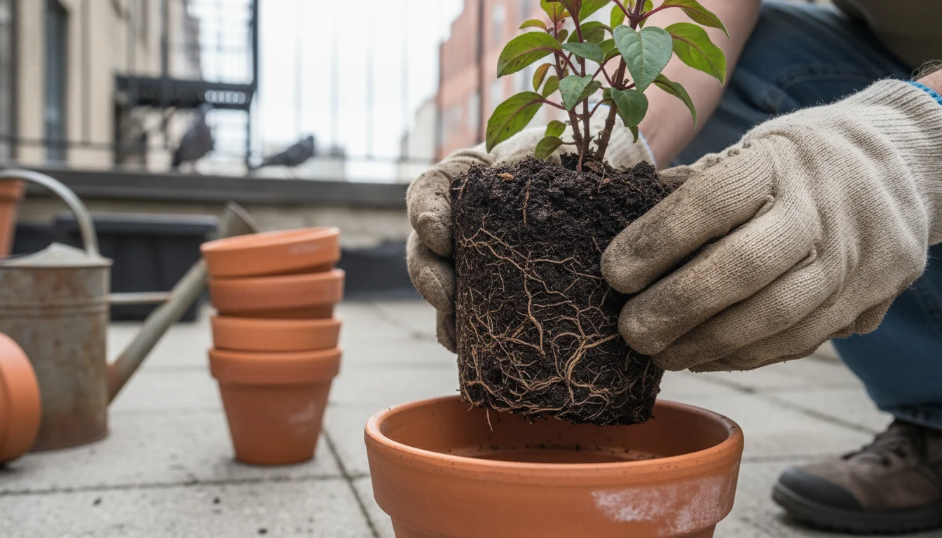 Gardener's gloved hands lift a wilting plant from a terracotta pot, revealing dark, waterlogged roots and compacted soil.