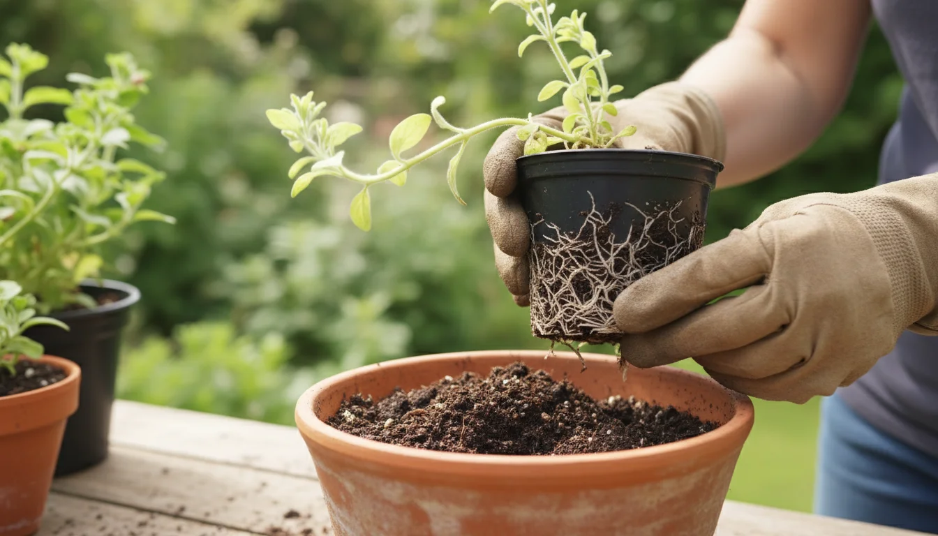 Gardener's gloved hands lifting a leggy petunia from a small pot, revealing root-bound roots, poised over a larger terracotta pot with fresh soil.