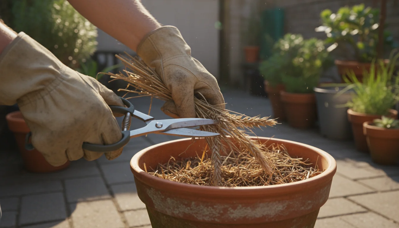 Gardener's gloved hands meticulously chop tough, dried cover crop stems with hand shears in a large terracotta pot on a patio.