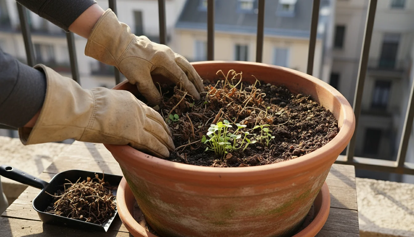 A gardener's gloved hands meticulously clear dried leaves and spent stems from the surface of a terracotta pot on a balcony, with neatly gathered debr