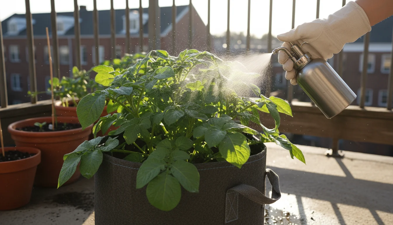 Gardener's gloved hands gently misting the leaves of a potato plant in a fabric grow bag with a preventative spray on a sunny balcony.
