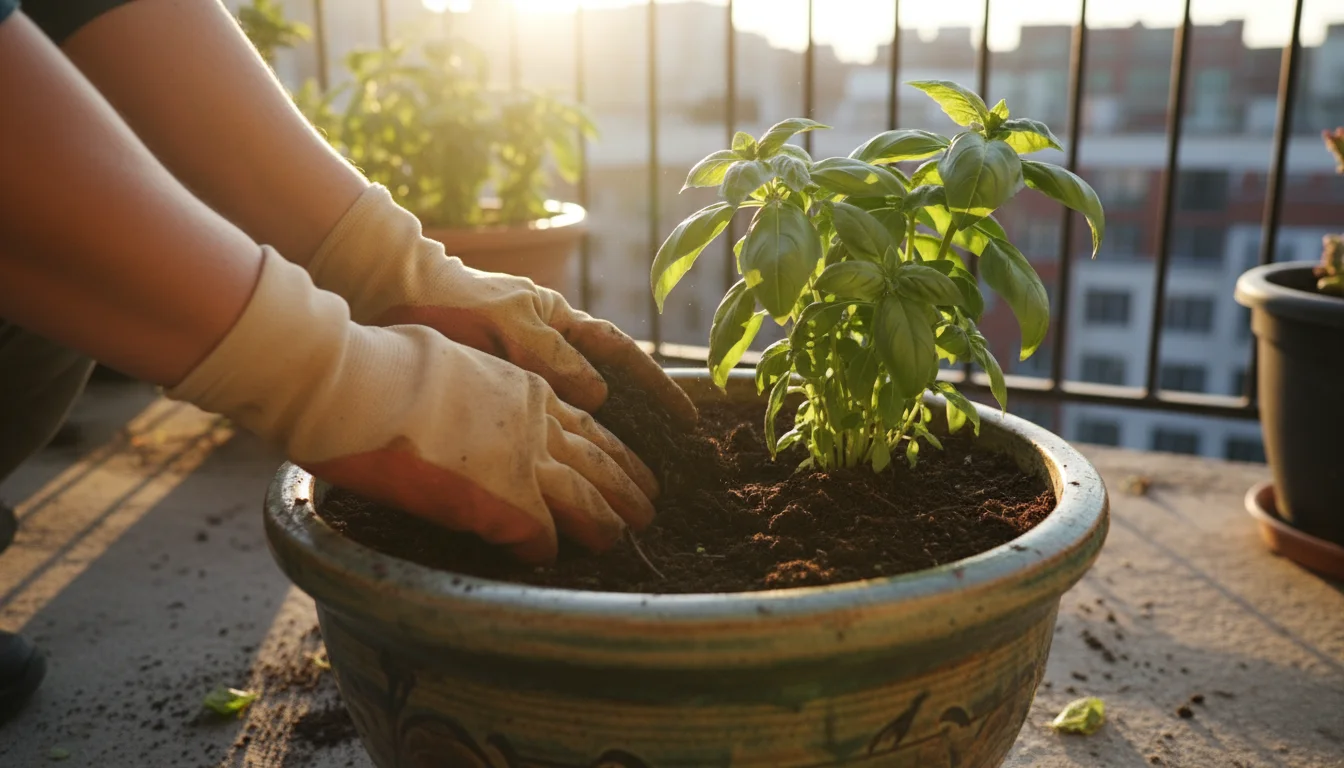 Gardener's gloved hands gently mix dark worm castings into the soil of a thriving basil plant in a ceramic pot on a sunny patio.