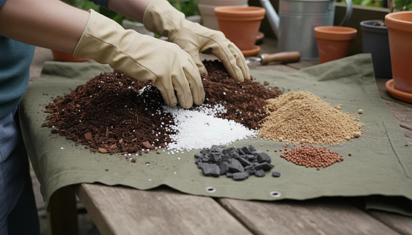 Gardener's gloved hands mixing dark composted bark, white perlite, and wood fibers in a shallow tray on a wooden bench.