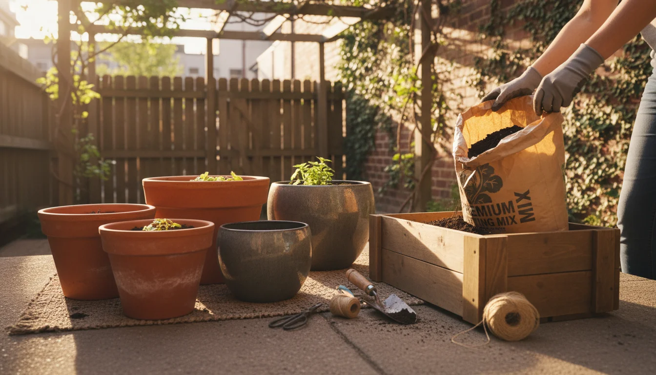 Elevated view of a gardener's gloved hands mixing fresh soil into a wooden planter box, surrounded by various empty pots on a sunny patio.