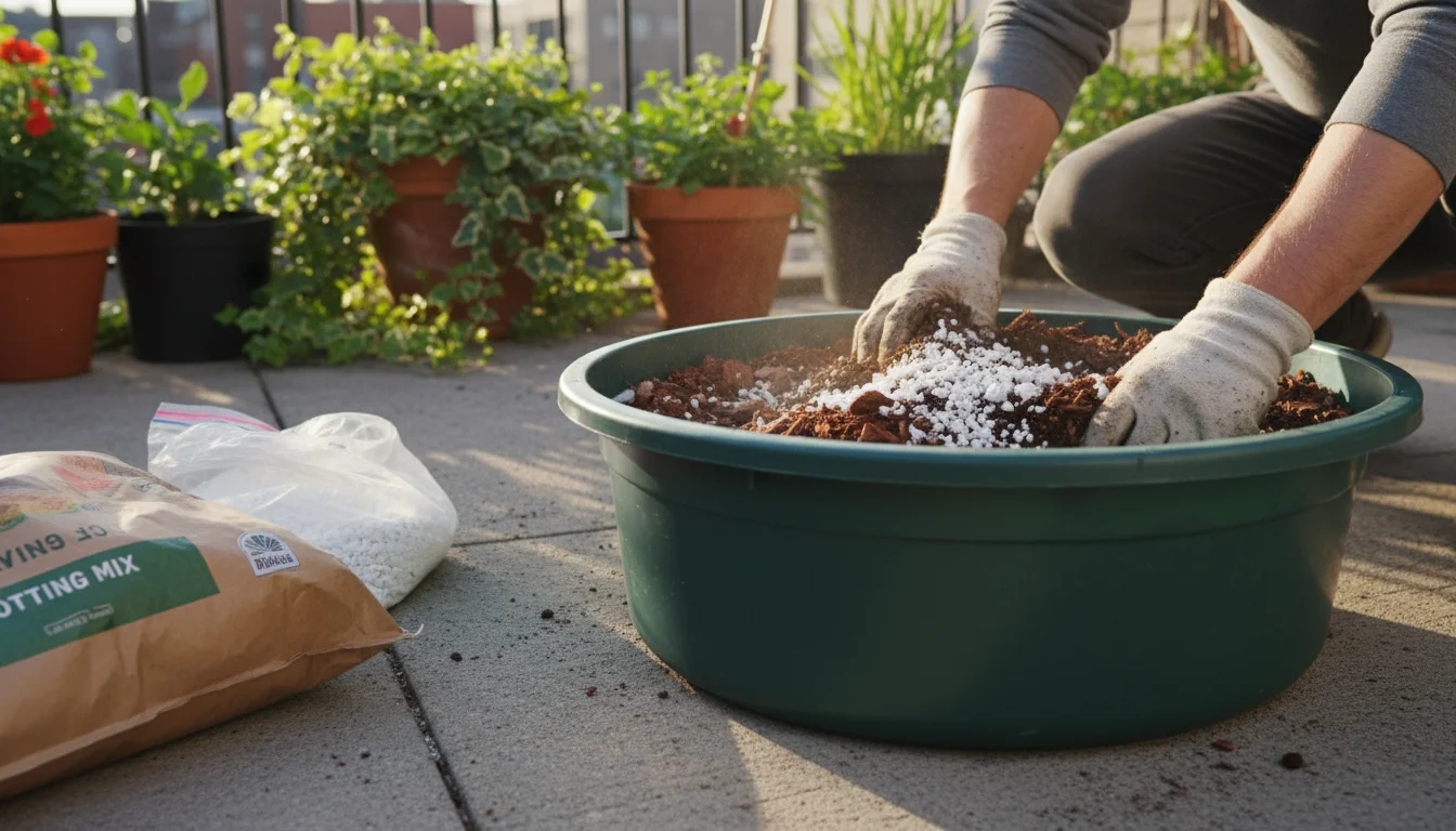 Gardener's gloved hands mixing potting mix, perlite, and small bark chips in a large plastic tub on a sunny patio, with ingredient bags nearby.
