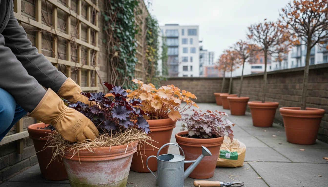Gardener's gloved hands mulching a purple Heuchera in a terracotta pot on a patio, with other pots grouped for winter protection.