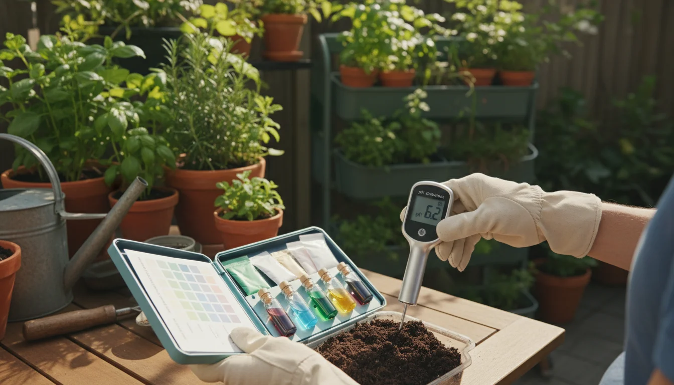 Gardener's gloved hands on a patio table, comparing an open chemical soil test kit with vials to a digital pH meter. Container plants blur in backgrou