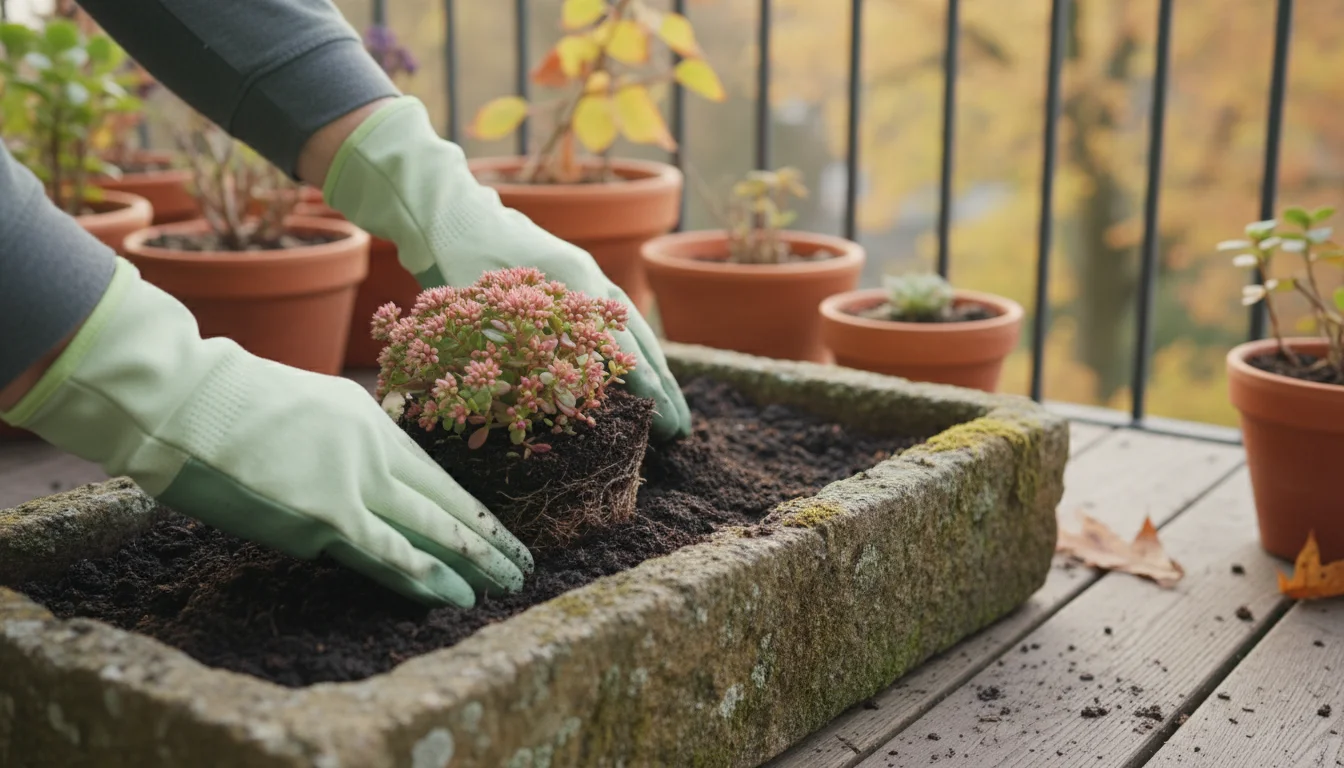 A gardener's gloved hands gently plant a sedum into a weathered stone trough on a wooden balcony under soft autumn light.