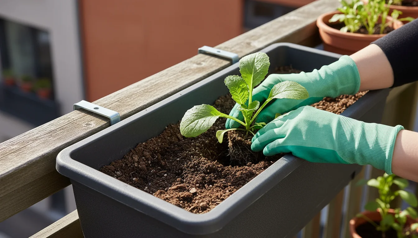 A gardener's gloved hands carefully plant a small mustard green seedling into the deep, dark soil of a grey window box mounted on a weathered wooden b
