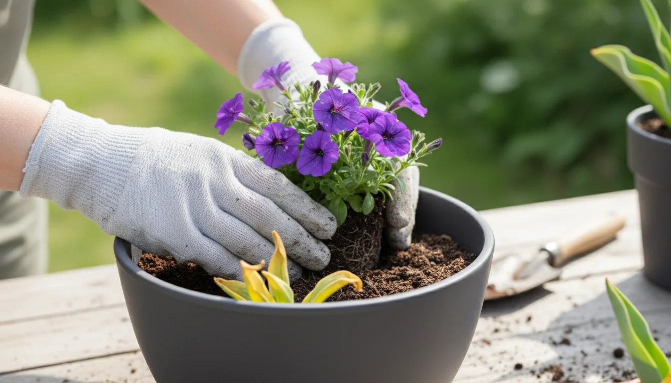 Gardener's gloved hands planting a purple calibrachoa annual into a grey ceramic pot, layering over fading tulip leaves on a patio.