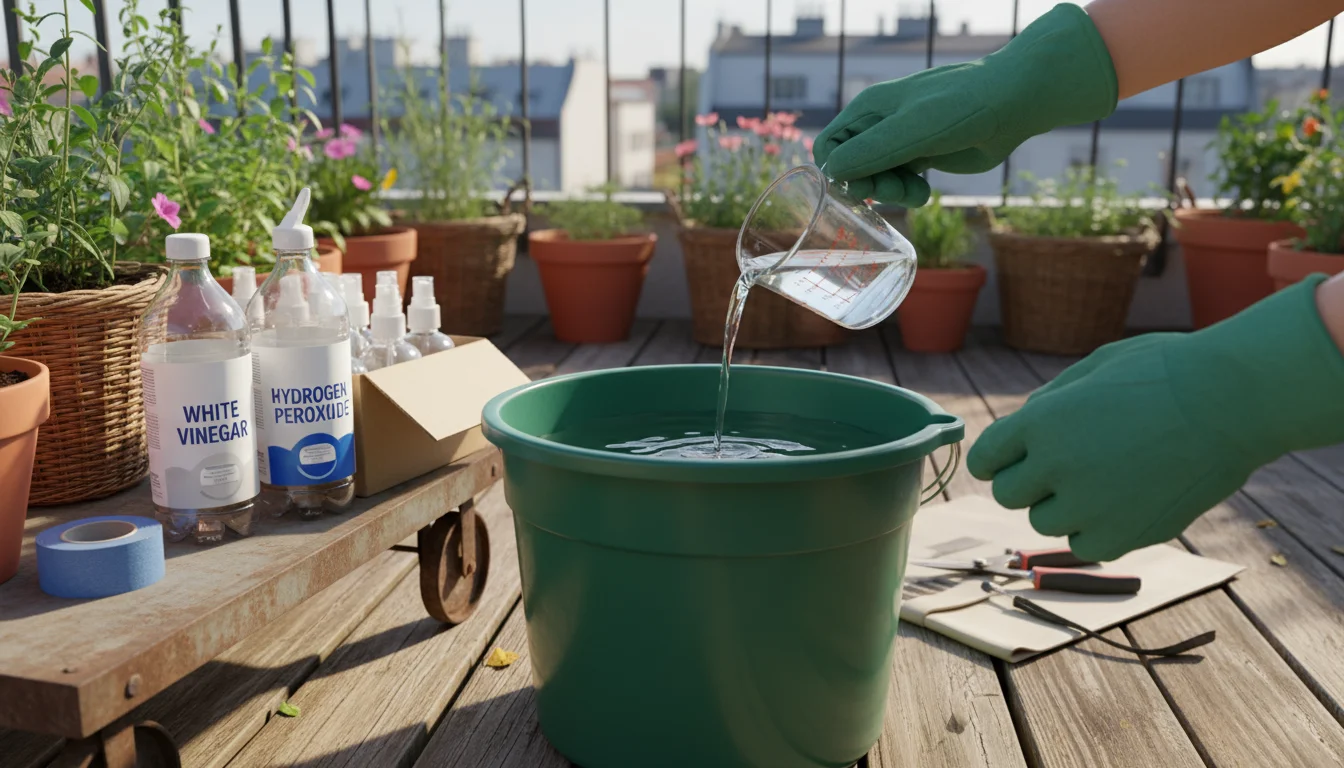 Gardener's gloved hands pouring liquid from a measuring cup into a bucket, with white vinegar and hydrogen peroxide bottles nearby on a balcony.