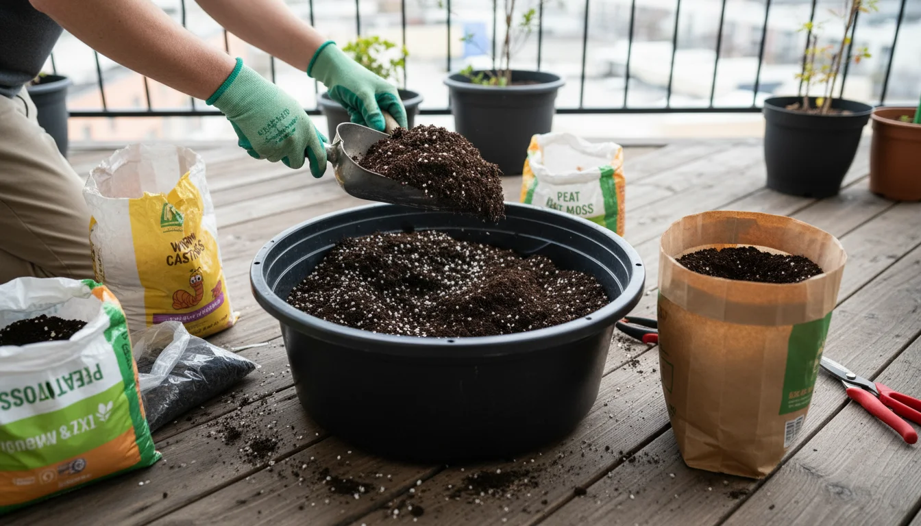 A gardener's gloved hands preparing to mix potting soil with amendments in a large tub on a wooden balcony floor, surrounded by ingredient bags.