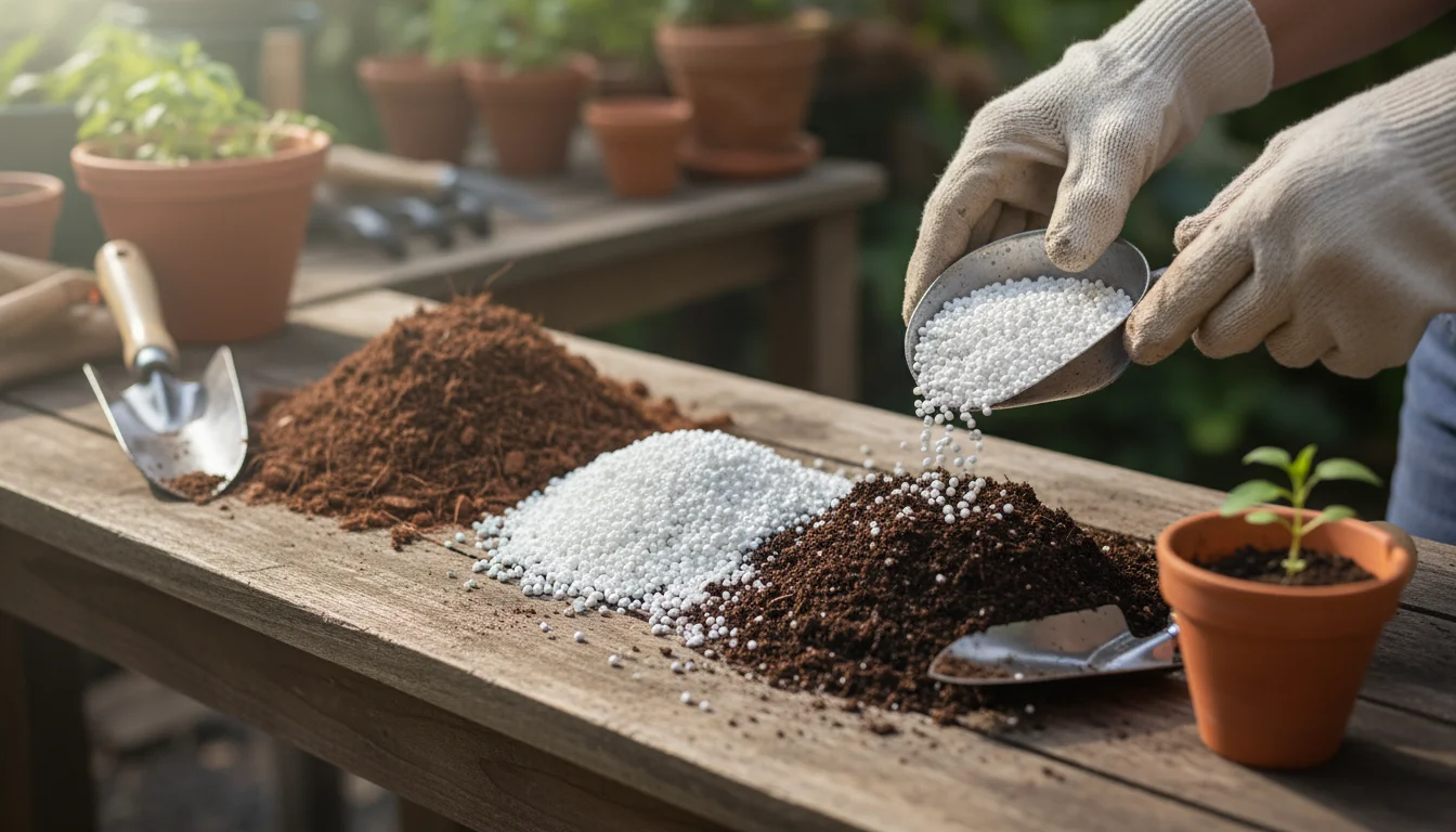 Gardener's gloved hands preparing potting mix, with distinct piles of coco coir, perlite, and compost on a wooden bench.