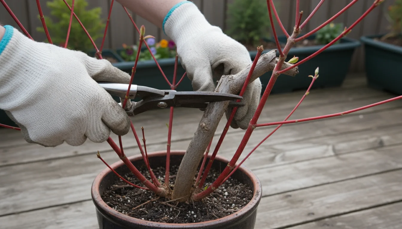 Gardener's gloved hands prune an older, dull red stem from a potted dogwood on a balcony, revealing vibrant new red growth.