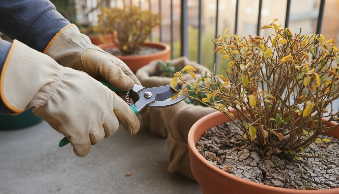 Gardener's gloved hands prune a yellowing container plant with dry soil on a small urban balcony during autumn prep.